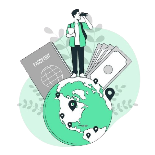 Illustration of a person standing on a globe with a passport and money, representing studying abroad.
